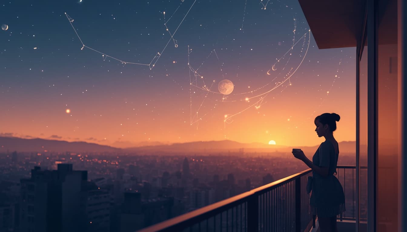 Woman on a balcony at dusk, constellation lines visible in the sky